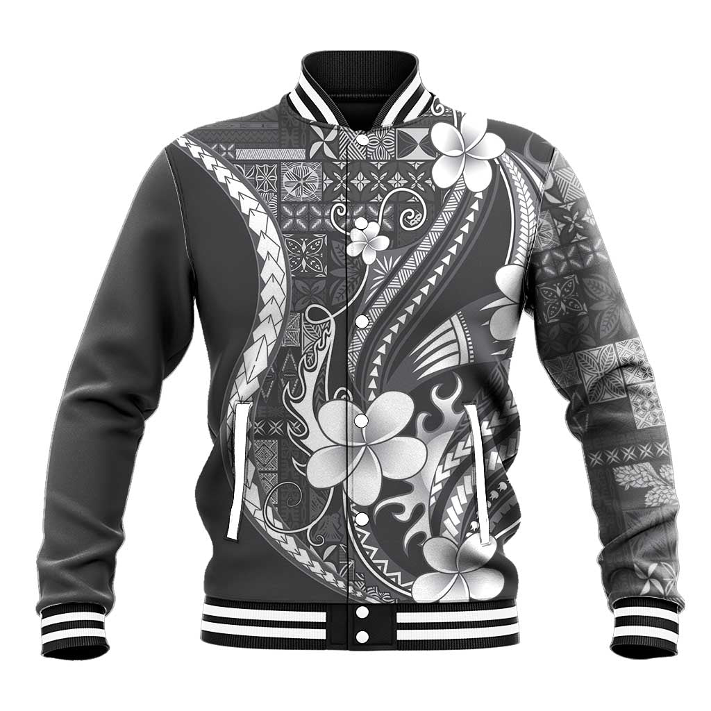 Samoa Siapo Tribal Pattern Baseball Jacket Light Gray Polynesian Plumeria Tapa Motif