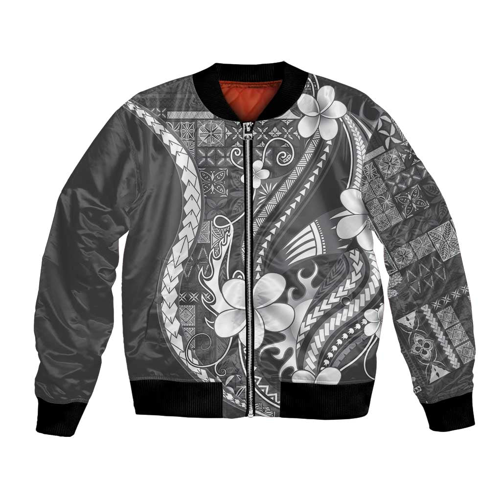 Samoa Siapo Tribal Pattern Bomber Jacket Light Gray Polynesian Plumeria Tapa Motif