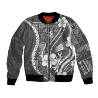 Samoa Siapo Tribal Pattern Bomber Jacket Light Gray Polynesian Plumeria Tapa Motif