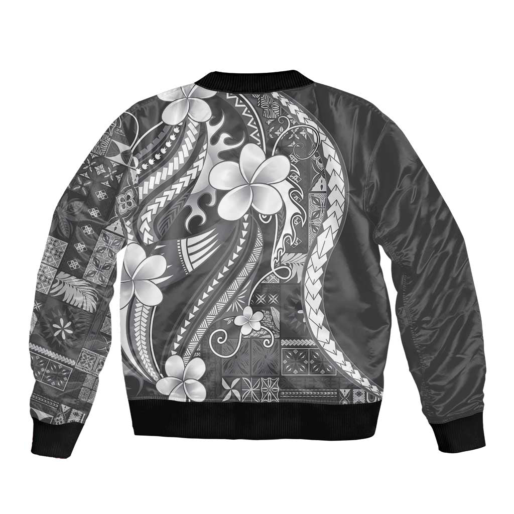 Samoa Siapo Tribal Pattern Bomber Jacket Light Gray Polynesian Plumeria Tapa Motif