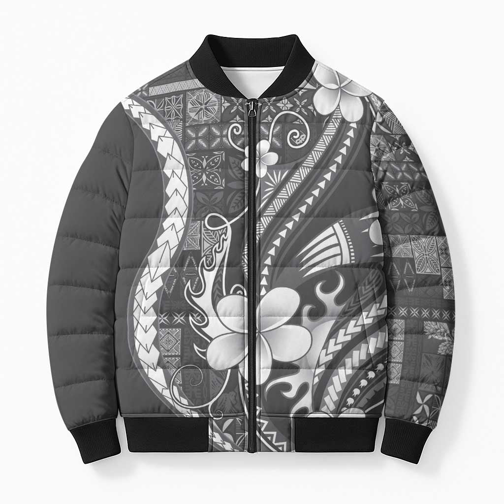 Samoa Siapo Tribal Pattern Bomber Puffer Jacket Light Gray Polynesian Plumeria Tapa Motif