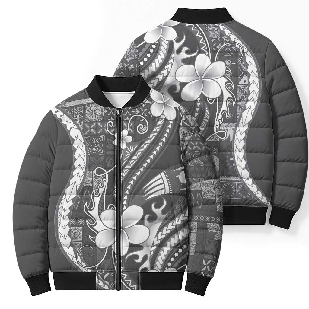 Samoa Siapo Tribal Pattern Bomber Puffer Jacket Light Gray Polynesian Plumeria Tapa Motif