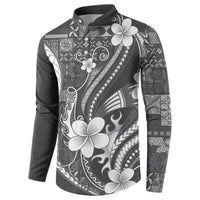 Samoa Siapo Tribal Pattern Button Sweatshirt Light Gray Polynesian Plumeria Tapa Motif