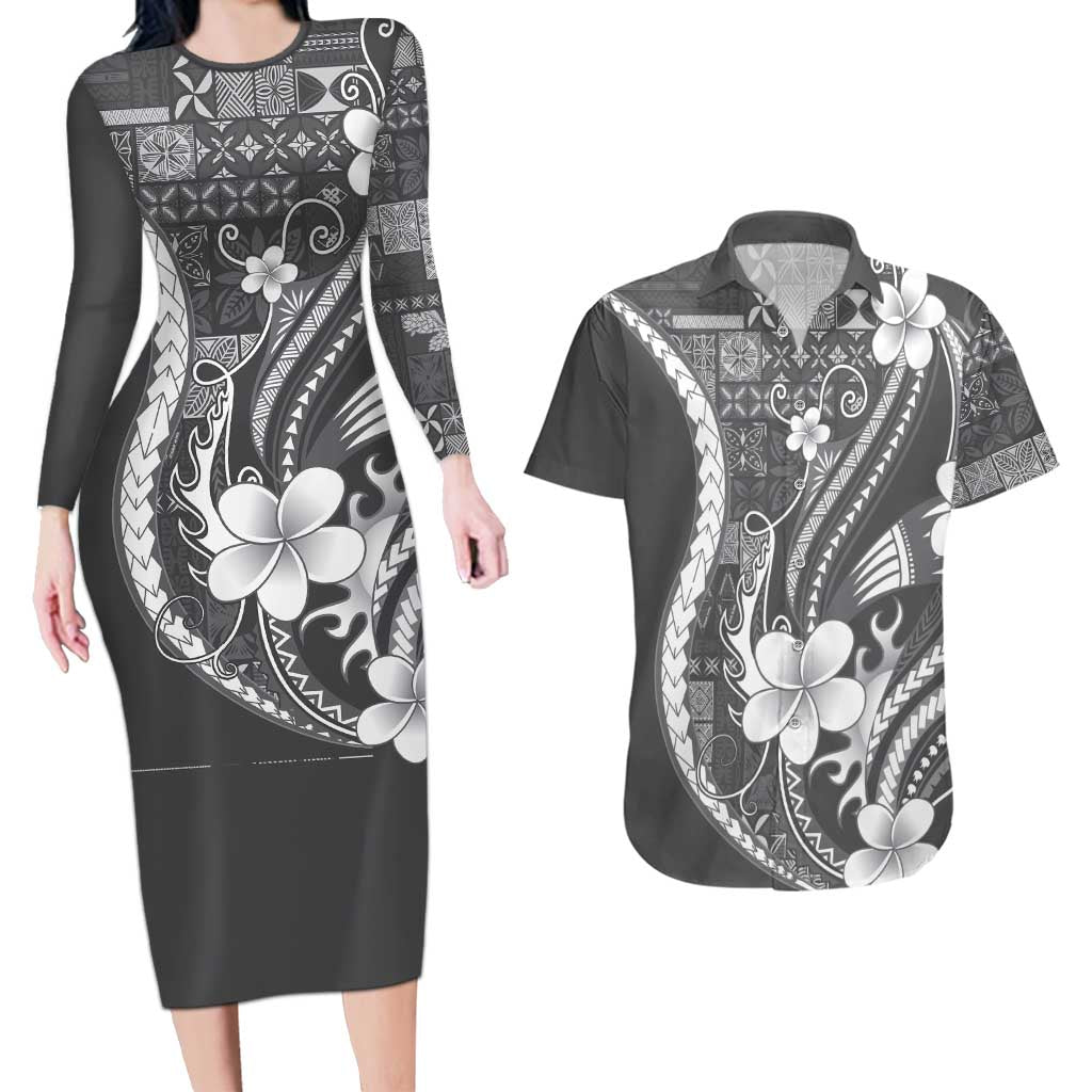 Samoa Siapo Tribal Pattern Couples Matching Long Sleeve Bodycon Dress and Hawaiian Shirt Light Gray Polynesian Plumeria Tapa Motif LT9 Gray - Polynesian Pride