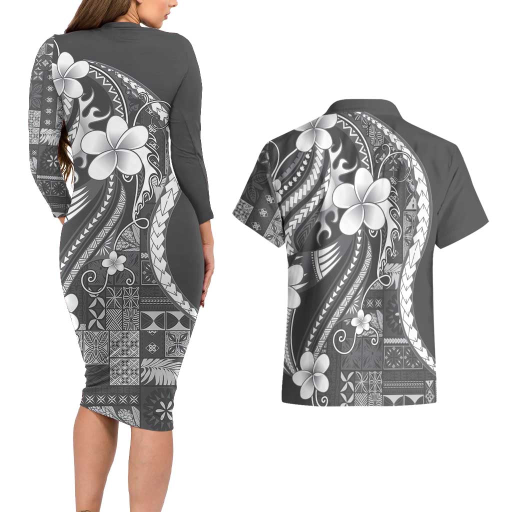 Samoa Siapo Tribal Pattern Couples Matching Long Sleeve Bodycon Dress and Hawaiian Shirt Light Gray Polynesian Plumeria Tapa Motif LT9 - Polynesian Pride
