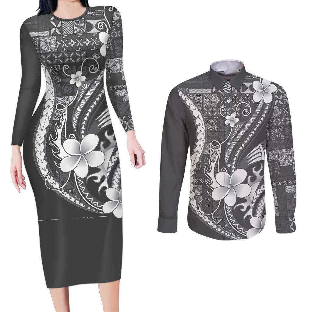 Samoa Siapo Tribal Pattern Couples Matching Long Sleeve Bodycon Dress and Long Sleeve Button Shirt Light Gray Polynesian Plumeria Tapa Motif