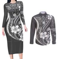 Samoa Siapo Tribal Pattern Couples Matching Long Sleeve Bodycon Dress and Long Sleeve Button Shirt Light Gray Polynesian Plumeria Tapa Motif