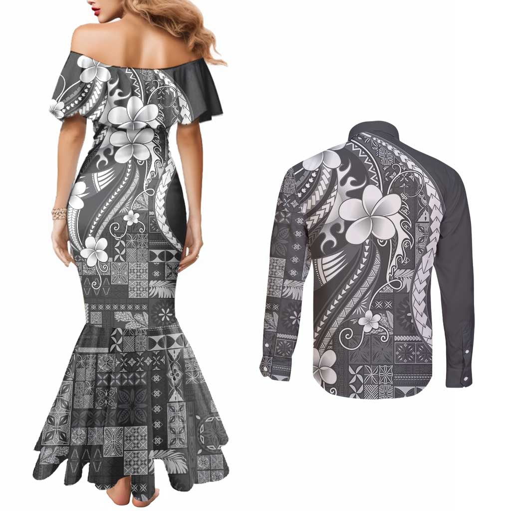 Samoa Siapo Tribal Pattern Couples Matching Mermaid Dress and Long Sleeve Button Shirt Light Gray Polynesian Plumeria Tapa Motif