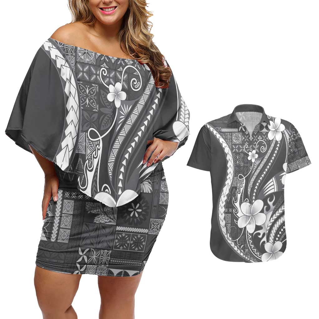Samoa Siapo Tribal Pattern Couples Matching Off Shoulder Short Dress and Hawaiian Shirt Light Gray Polynesian Plumeria Tapa Motif LT9 Gray - Polynesian Pride