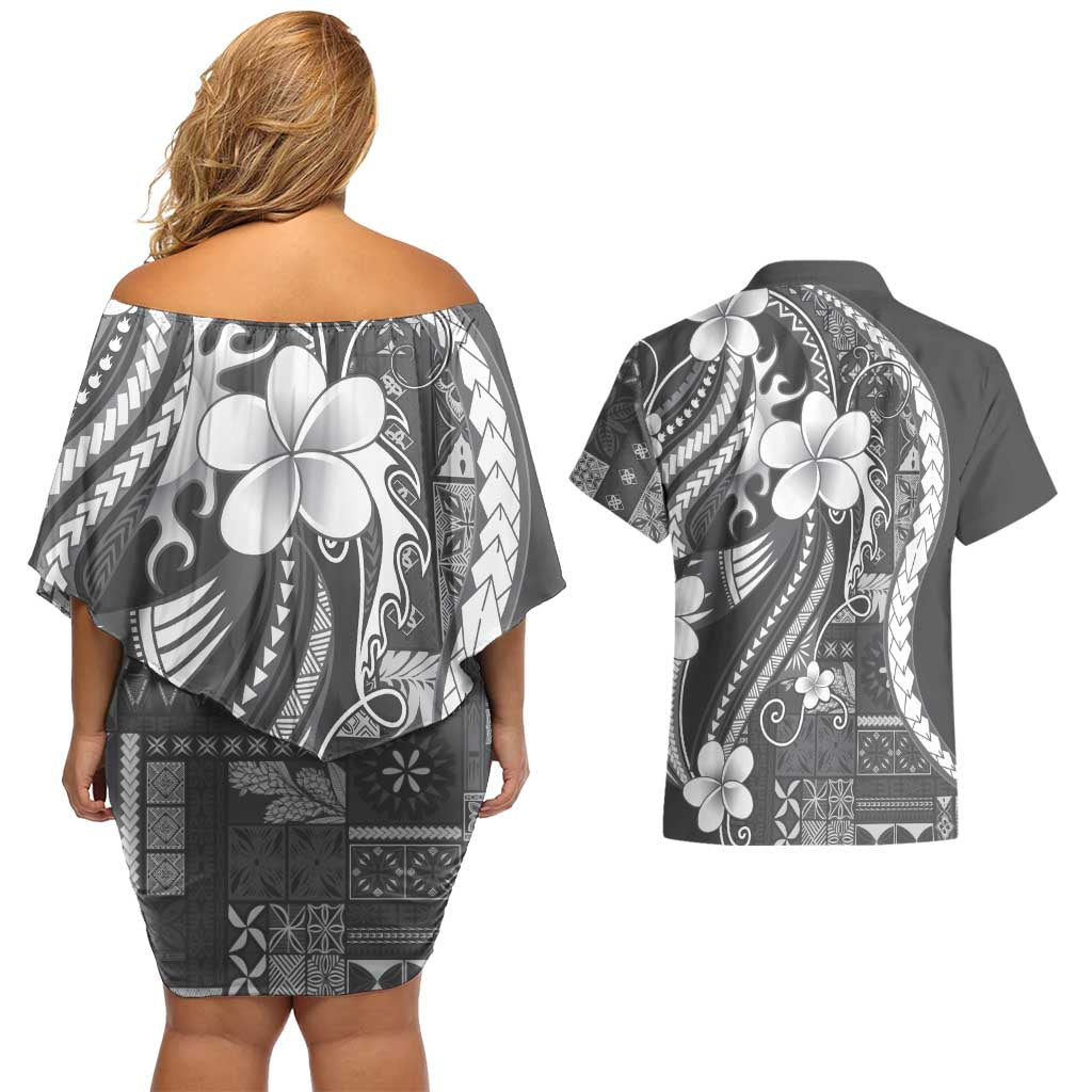 Samoa Siapo Tribal Pattern Couples Matching Off Shoulder Short Dress and Hawaiian Shirt Light Gray Polynesian Plumeria Tapa Motif LT9 - Polynesian Pride