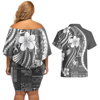Samoa Siapo Tribal Pattern Couples Matching Off Shoulder Short Dress and Hawaiian Shirt Light Gray Polynesian Plumeria Tapa Motif LT9 - Polynesian Pride