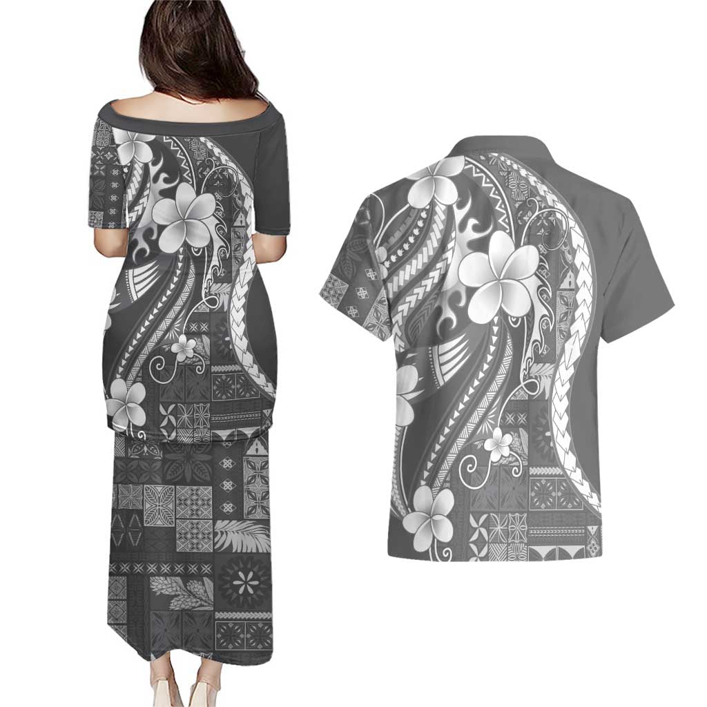 Samoa Siapo Tribal Pattern Couples Matching Puletasi and Hawaiian Shirt Light Gray Polynesian Plumeria Tapa Motif