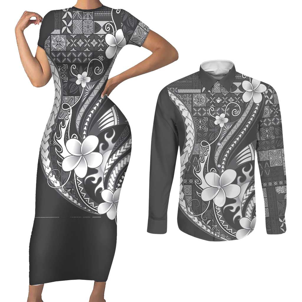 Samoa Siapo Tribal Pattern Couples Matching Short Sleeve Bodycon Dress and Long Sleeve Button Shirt Light Gray Polynesian Plumeria Tapa Motif LT9 Gray - Polynesian Pride