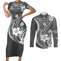 Samoa Siapo Tribal Pattern Couples Matching Short Sleeve Bodycon Dress and Long Sleeve Button Shirt Light Gray Polynesian Plumeria Tapa Motif LT9 Gray - Polynesian Pride