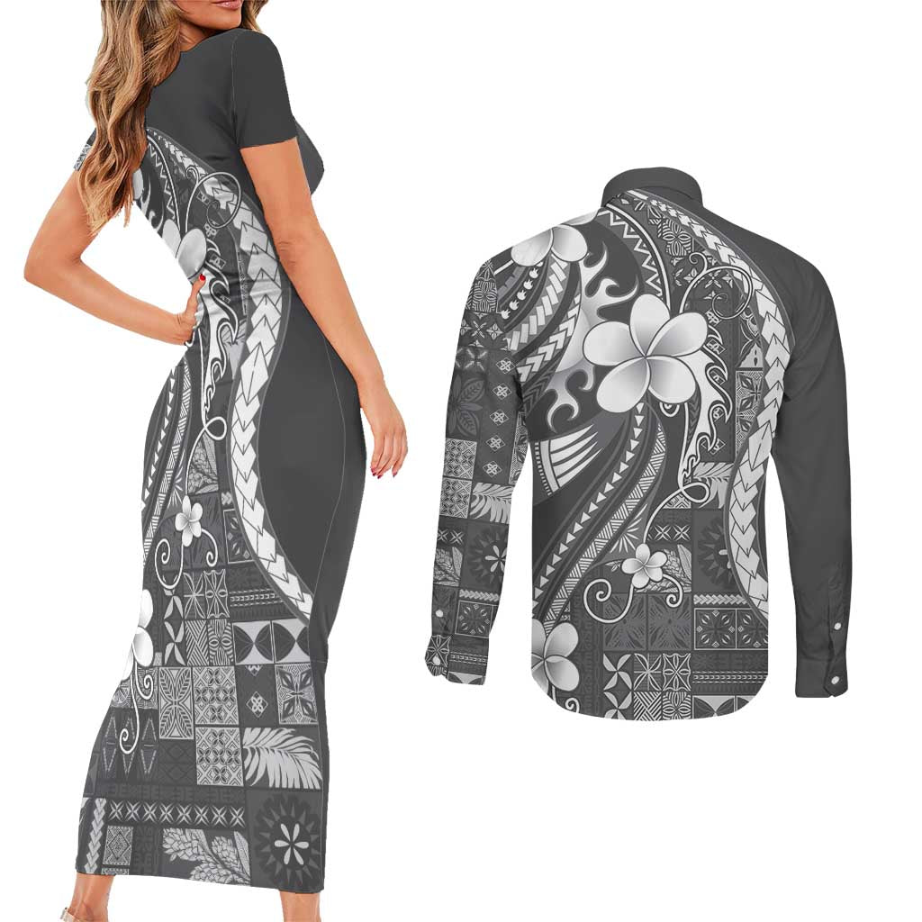 Samoa Siapo Tribal Pattern Couples Matching Short Sleeve Bodycon Dress and Long Sleeve Button Shirt Light Gray Polynesian Plumeria Tapa Motif LT9 - Polynesian Pride