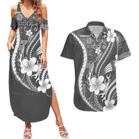 Samoa Siapo Tribal Pattern Couples Matching Summer Maxi Dress and Hawaiian Shirt Light Gray Polynesian Plumeria Tapa Motif LT9 Gray - Polynesian Pride