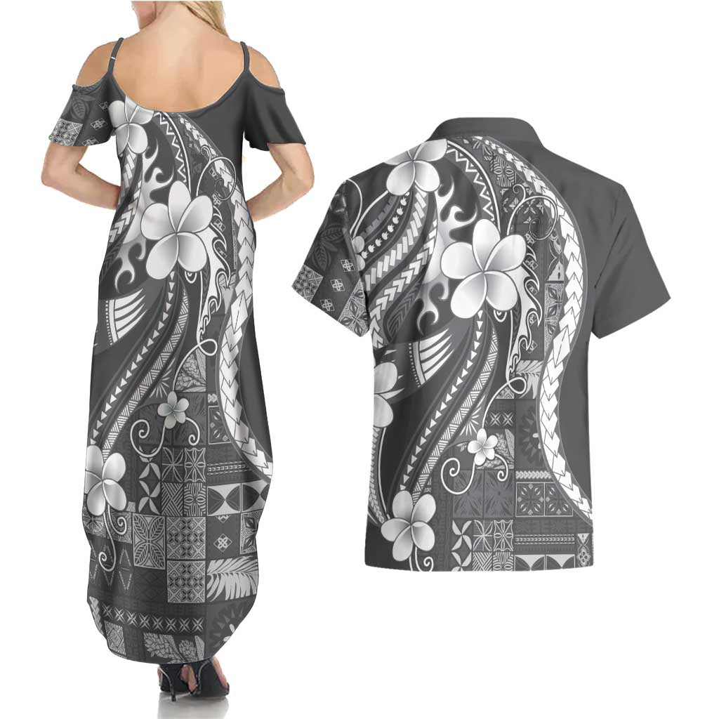 Samoa Siapo Tribal Pattern Couples Matching Summer Maxi Dress and Hawaiian Shirt Light Gray Polynesian Plumeria Tapa Motif LT9 - Polynesian Pride