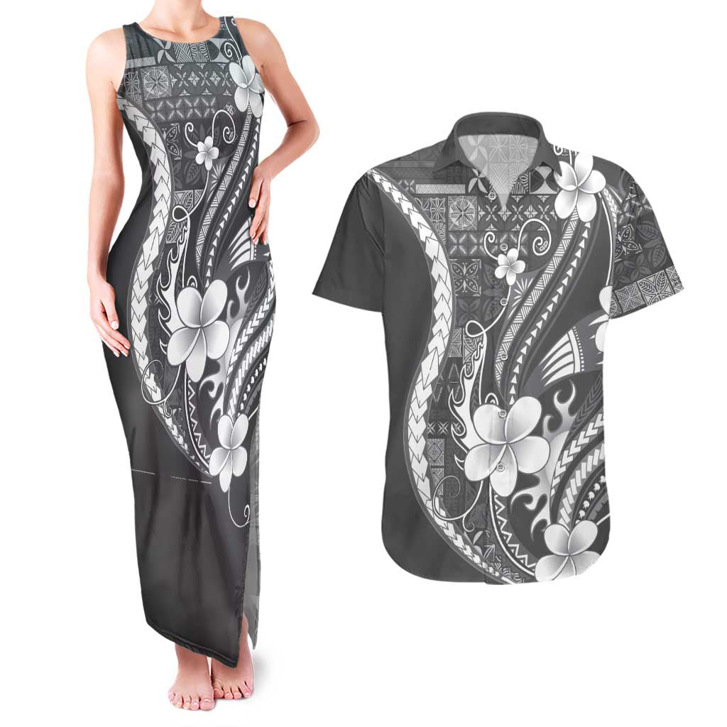 Samoa Siapo Tribal Pattern Couples Matching Tank Maxi Dress and Hawaiian Shirt Light Gray Polynesian Plumeria Tapa Motif LT9 Gray - Polynesian Pride