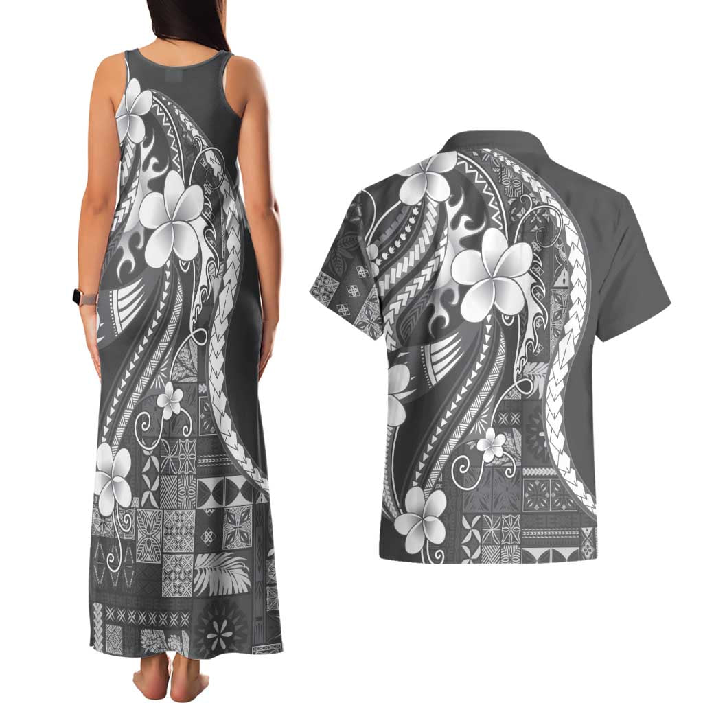 Samoa Siapo Tribal Pattern Couples Matching Tank Maxi Dress and Hawaiian Shirt Light Gray Polynesian Plumeria Tapa Motif LT9 - Polynesian Pride