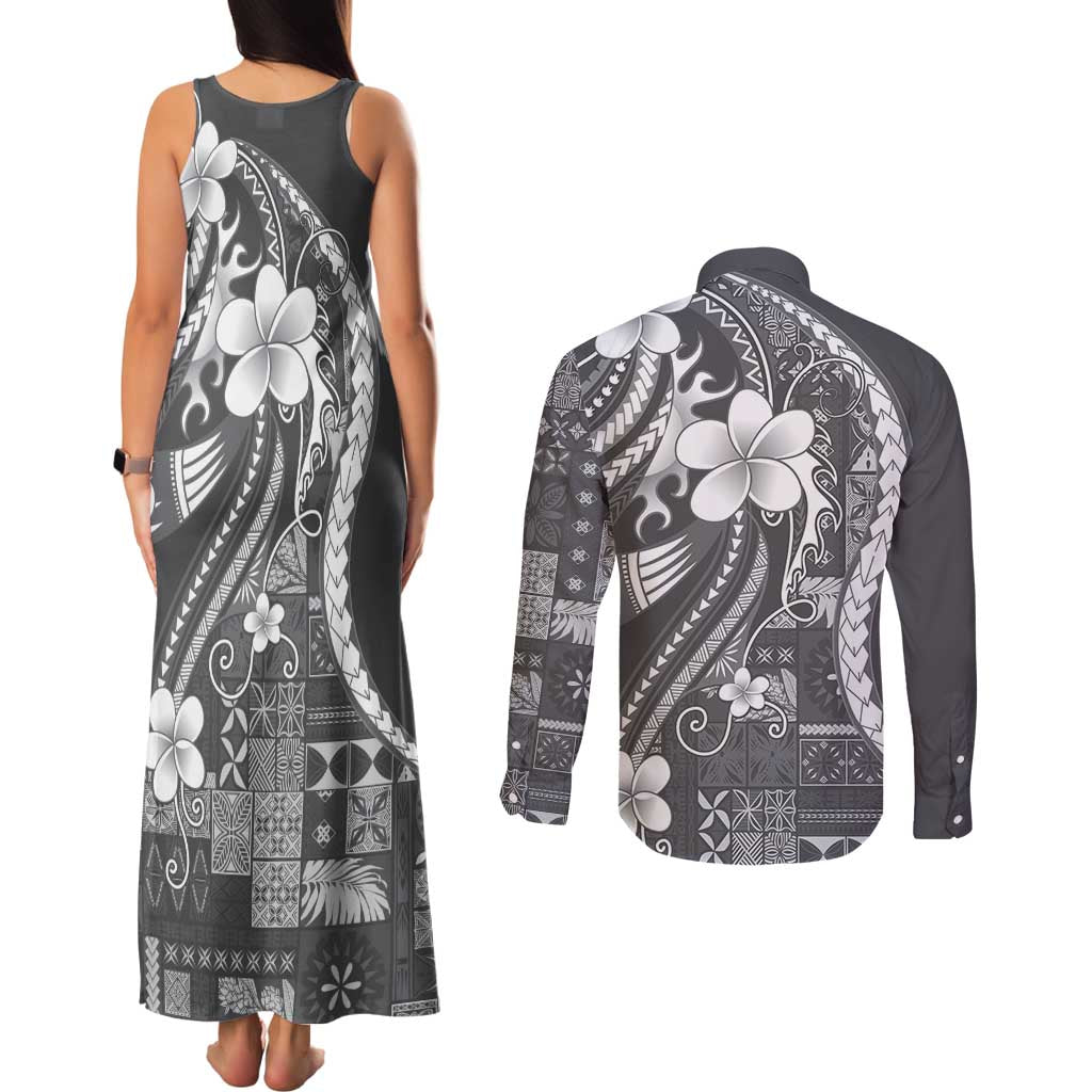 Samoa Siapo Tribal Pattern Couples Matching Tank Maxi Dress and Long Sleeve Button Shirt Light Gray Polynesian Plumeria Tapa Motif
