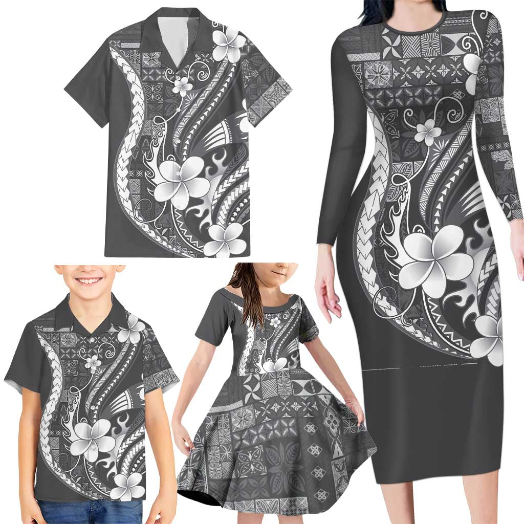 Samoa Siapo Tribal Pattern Family Matching Long Sleeve Bodycon Dress and Hawaiian Shirt Light Gray Polynesian Plumeria Tapa Motif