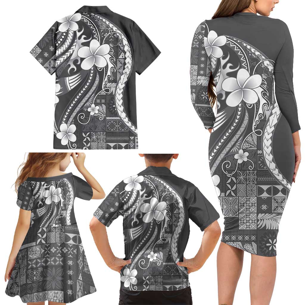 Samoa Siapo Tribal Pattern Family Matching Long Sleeve Bodycon Dress and Hawaiian Shirt Light Gray Polynesian Plumeria Tapa Motif