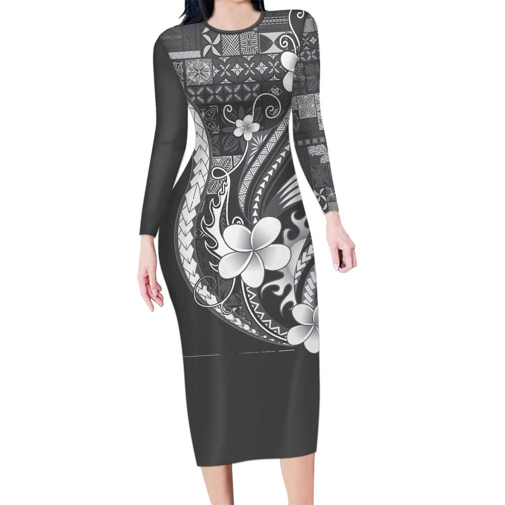 Samoa Siapo Tribal Pattern Family Matching Long Sleeve Bodycon Dress and Hawaiian Shirt Light Gray Polynesian Plumeria Tapa Motif