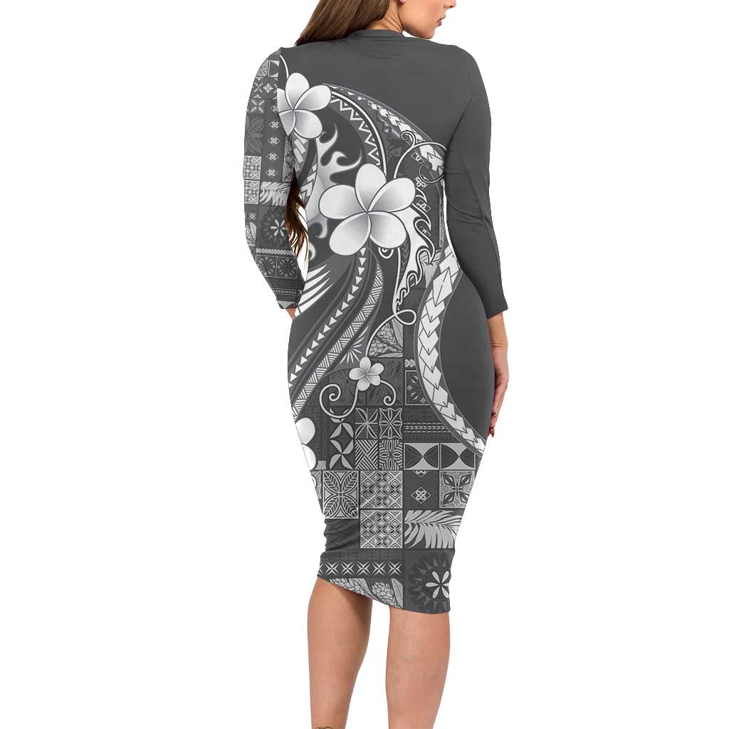 Samoa Siapo Tribal Pattern Family Matching Long Sleeve Bodycon Dress and Hawaiian Shirt Light Gray Polynesian Plumeria Tapa Motif