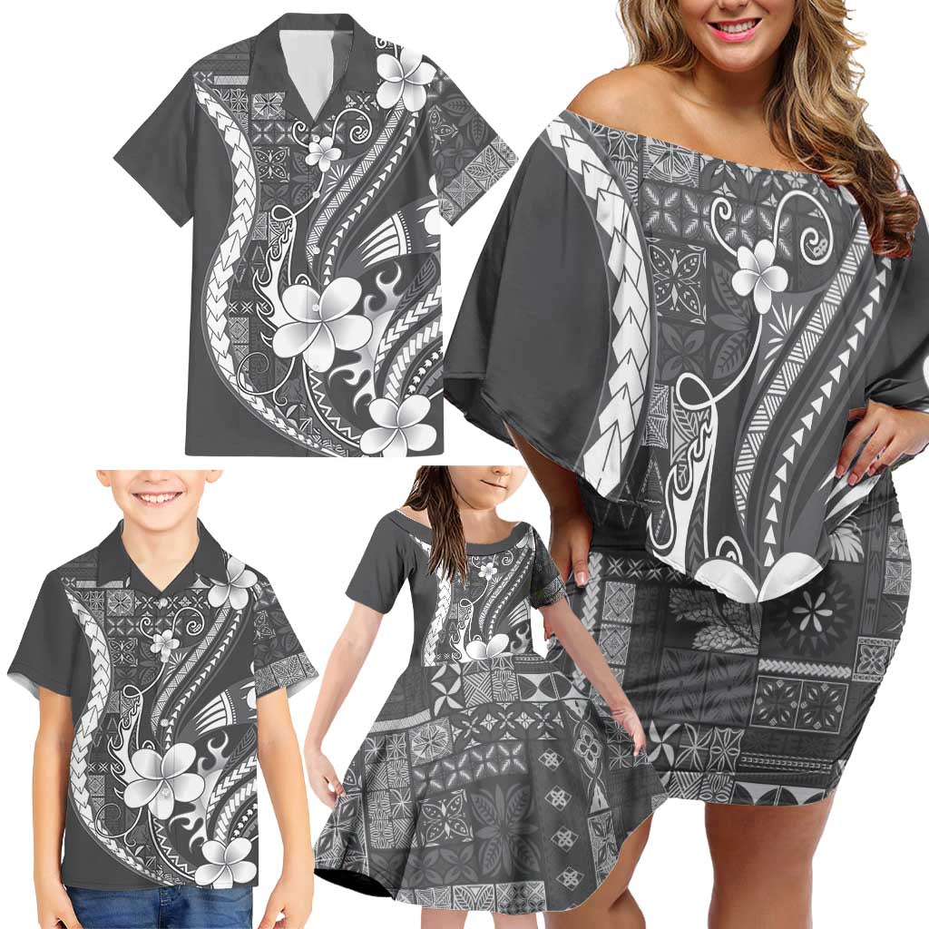 Samoa Siapo Tribal Pattern Family Matching Off Shoulder Short Dress and Hawaiian Shirt Light Gray Polynesian Plumeria Tapa Motif