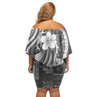 Samoa Siapo Tribal Pattern Family Matching Off Shoulder Short Dress and Hawaiian Shirt Light Gray Polynesian Plumeria Tapa Motif