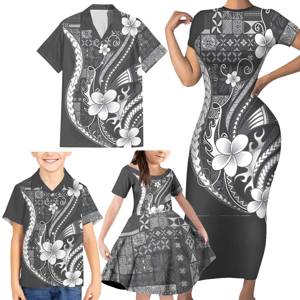 Samoa Siapo Tribal Pattern Family Matching Short Sleeve Bodycon Dress and Hawaiian Shirt Light Gray Polynesian Plumeria Tapa Motif
