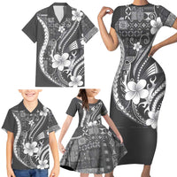 Samoa Siapo Tribal Pattern Family Matching Short Sleeve Bodycon Dress and Hawaiian Shirt Light Gray Polynesian Plumeria Tapa Motif