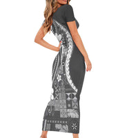 Samoa Siapo Tribal Pattern Family Matching Short Sleeve Bodycon Dress and Hawaiian Shirt Light Gray Polynesian Plumeria Tapa Motif