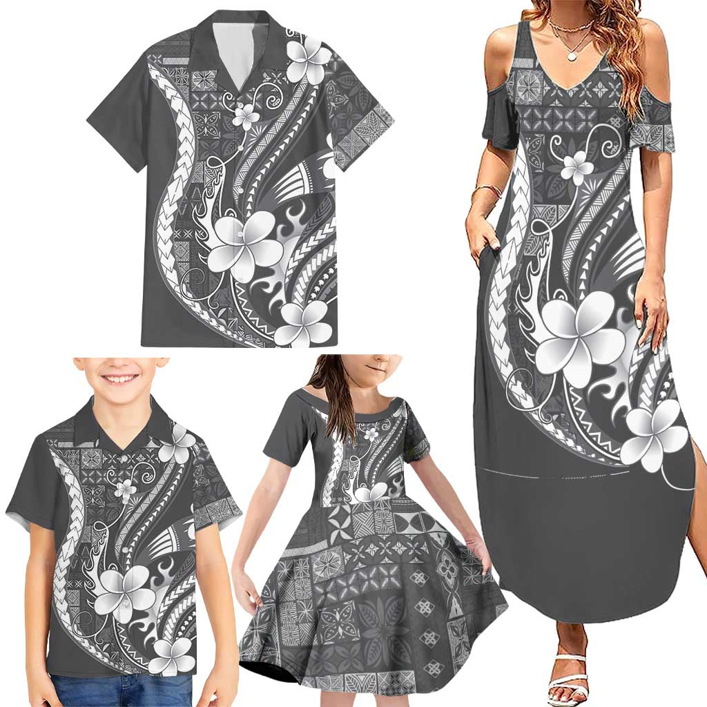 Samoa Siapo Tribal Pattern Family Matching Summer Maxi Dress and Hawaiian Shirt Light Gray Polynesian Plumeria Tapa Motif