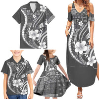 Samoa Siapo Tribal Pattern Family Matching Summer Maxi Dress and Hawaiian Shirt Light Gray Polynesian Plumeria Tapa Motif