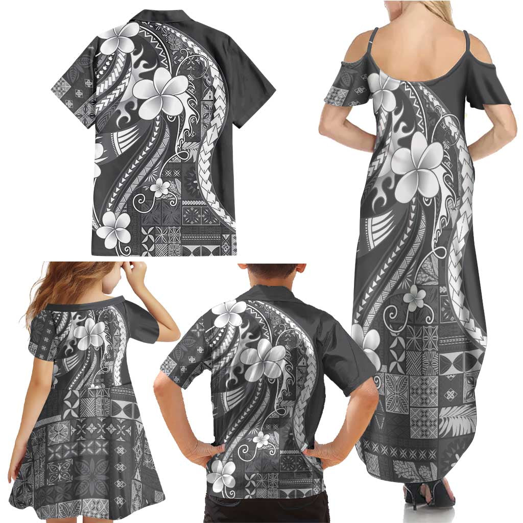 Samoa Siapo Tribal Pattern Family Matching Summer Maxi Dress and Hawaiian Shirt Light Gray Polynesian Plumeria Tapa Motif