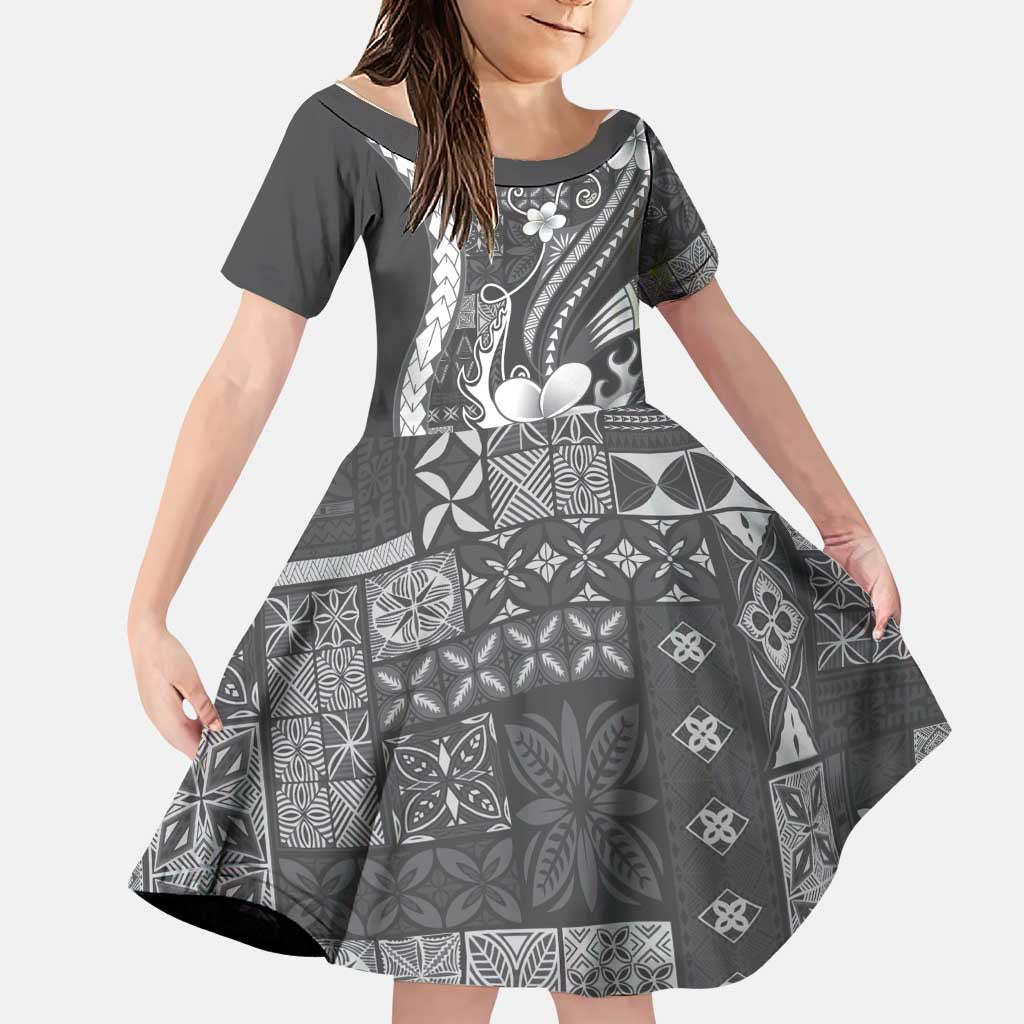 Samoa Siapo Tribal Pattern Family Matching Tank Maxi Dress and Hawaiian Shirt Light Gray Polynesian Plumeria Tapa Motif LT9 Daughter's Dress Gray - Polynesian Pride