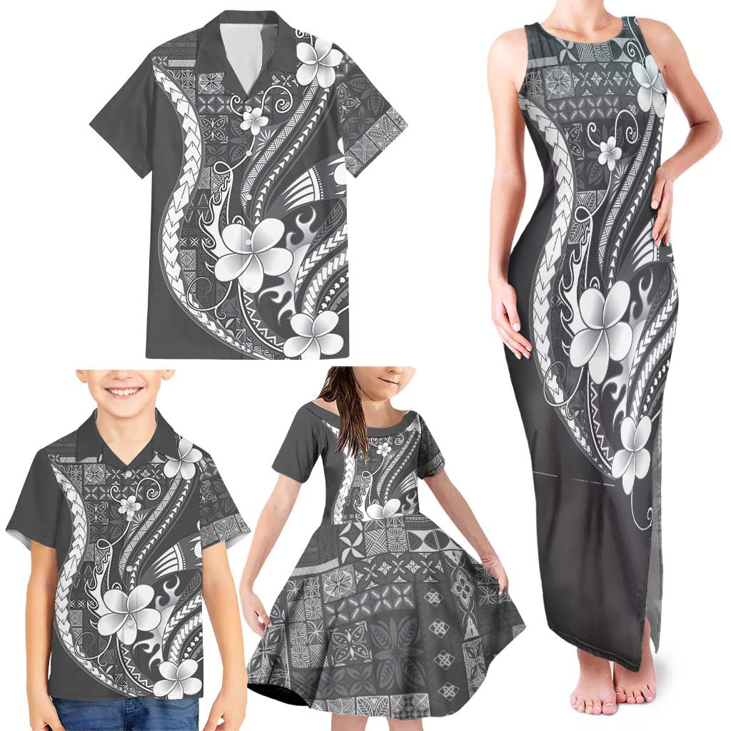 Samoa Siapo Tribal Pattern Family Matching Tank Maxi Dress and Hawaiian Shirt Light Gray Polynesian Plumeria Tapa Motif LT9 - Polynesian Pride