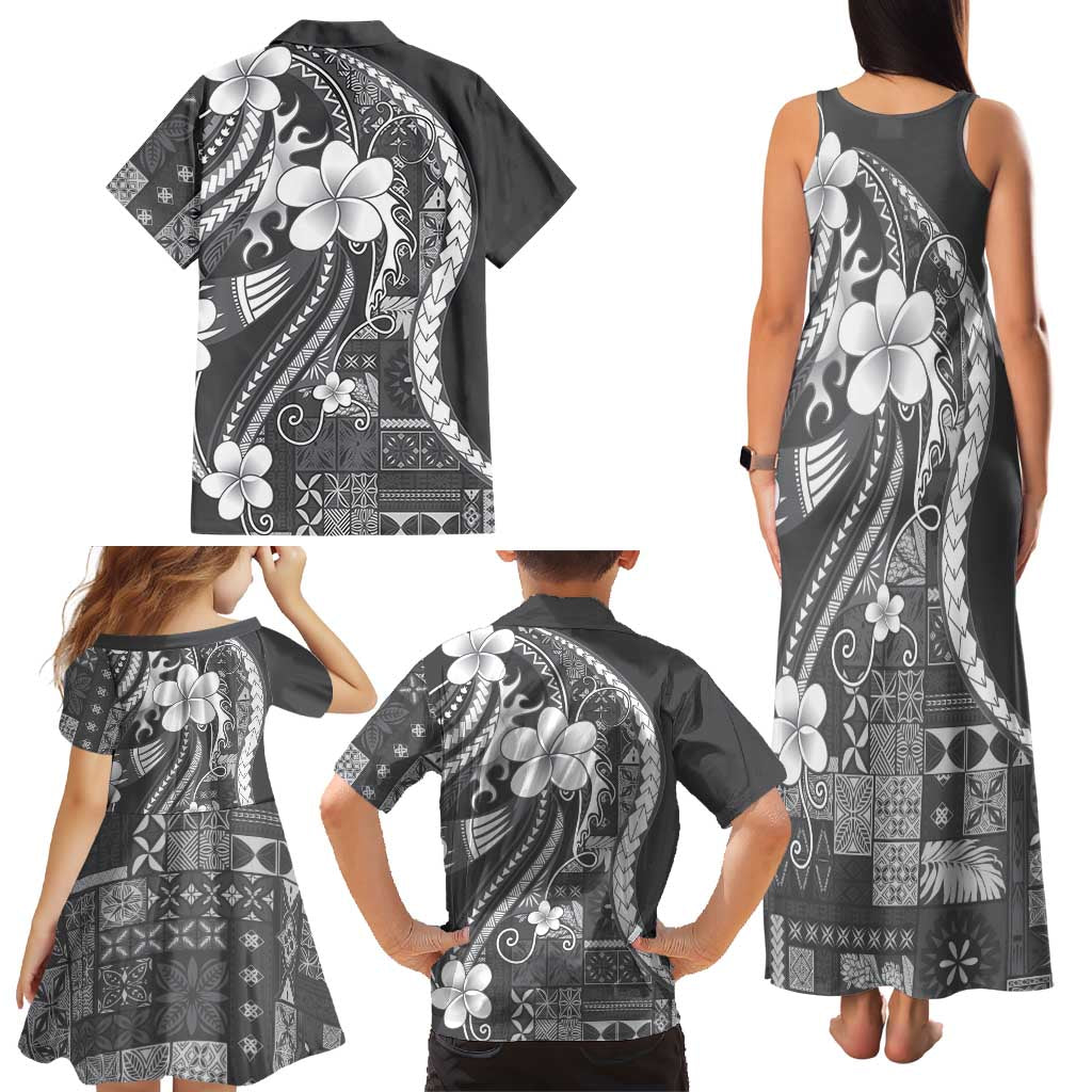 Samoa Siapo Tribal Pattern Family Matching Tank Maxi Dress and Hawaiian Shirt Light Gray Polynesian Plumeria Tapa Motif LT9 - Polynesian Pride