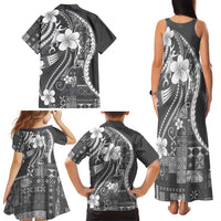 Samoa Siapo Tribal Pattern Family Matching Tank Maxi Dress and Hawaiian Shirt Light Gray Polynesian Plumeria Tapa Motif LT9 - Polynesian Pride
