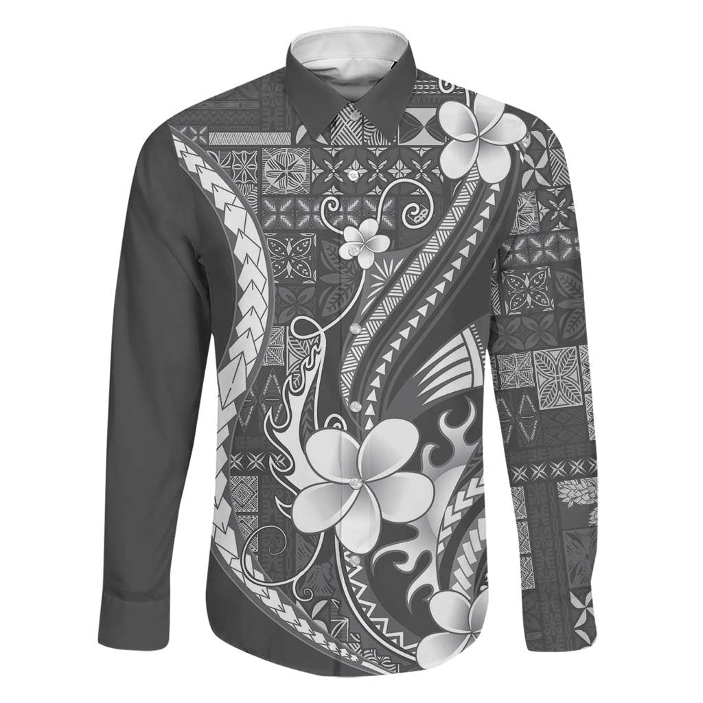 Samoa Siapo Tribal Pattern Family Matching Tank Maxi Dress and Hawaiian Shirt Light Gray Polynesian Plumeria Tapa Motif LT9 Dad's Shirt - Long Sleeve Gray - Polynesian Pride