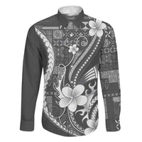 Samoa Siapo Tribal Pattern Family Matching Tank Maxi Dress and Hawaiian Shirt Light Gray Polynesian Plumeria Tapa Motif LT9 Dad's Shirt - Long Sleeve Gray - Polynesian Pride