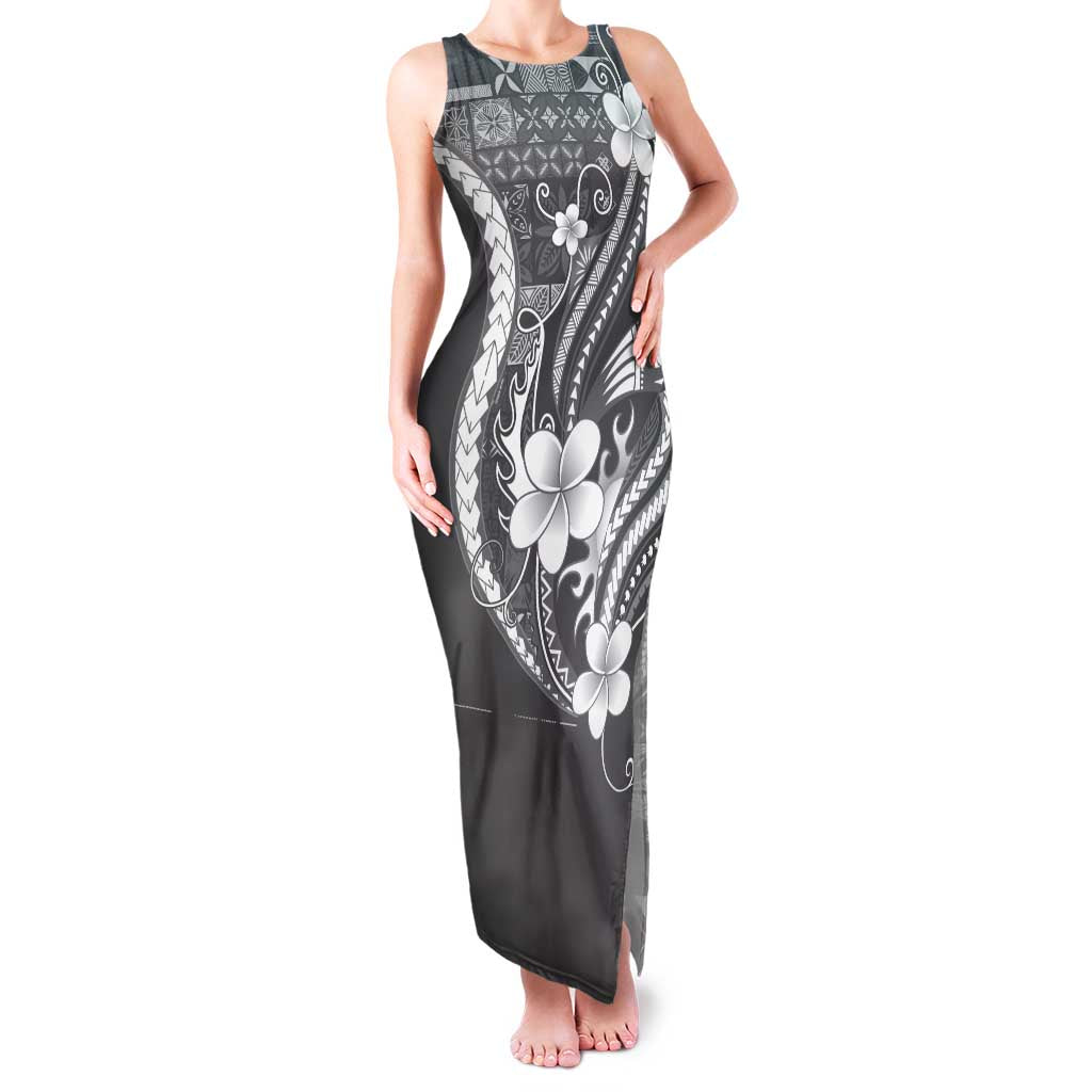 Samoa Siapo Tribal Pattern Family Matching Tank Maxi Dress and Hawaiian Shirt Light Gray Polynesian Plumeria Tapa Motif LT9 Mom's Dress Gray - Polynesian Pride