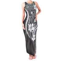 Samoa Siapo Tribal Pattern Family Matching Tank Maxi Dress and Hawaiian Shirt Light Gray Polynesian Plumeria Tapa Motif LT9 Mom's Dress Gray - Polynesian Pride