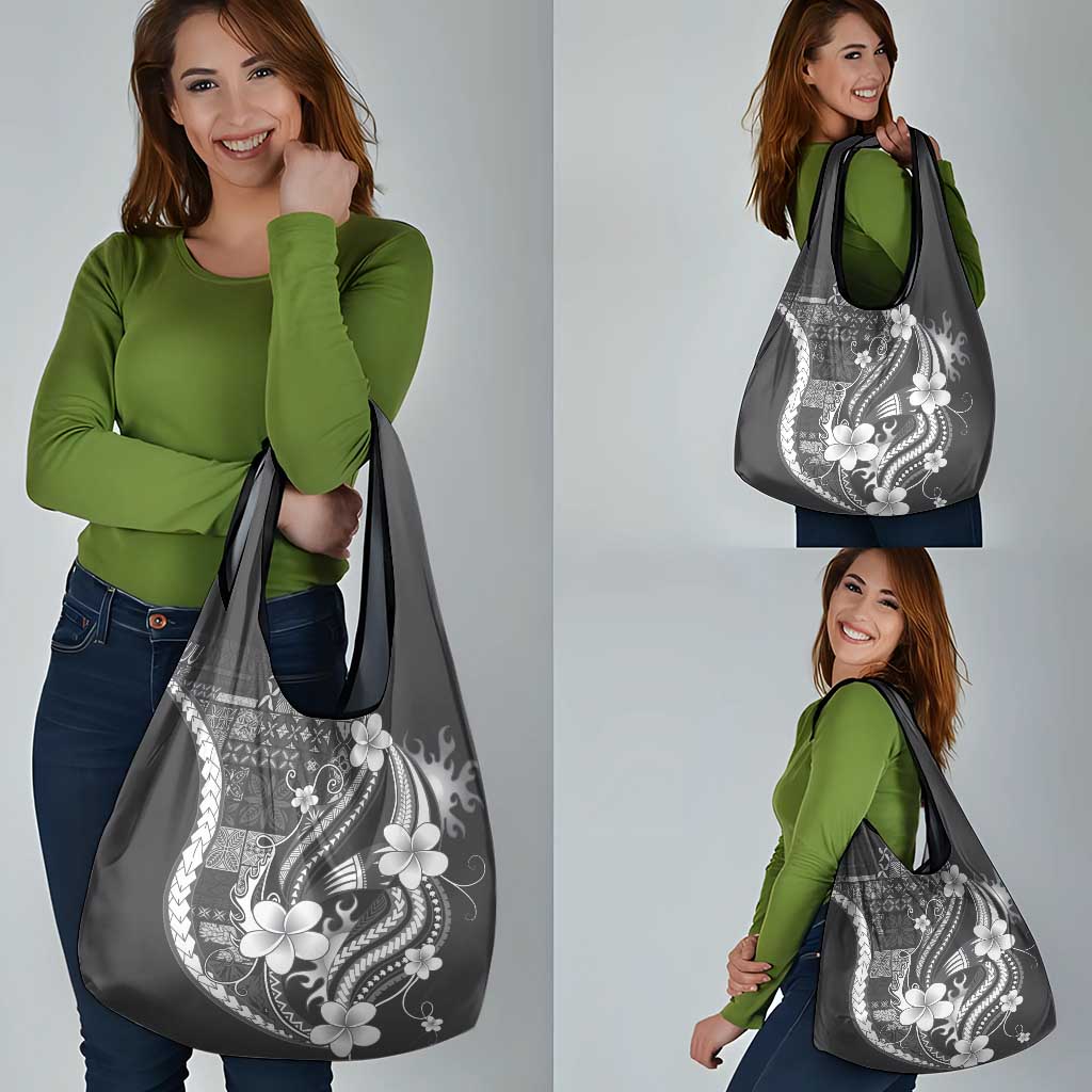 Samoa Siapo Tribal Pattern Grocery Bag Light Gray Polynesian Plumeria Tapa Motif