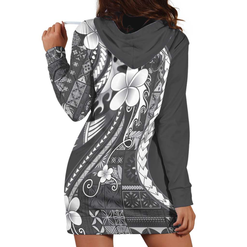 Samoa Siapo Tribal Pattern Hoodie Dress Light Gray Polynesian Plumeria Tapa Motif