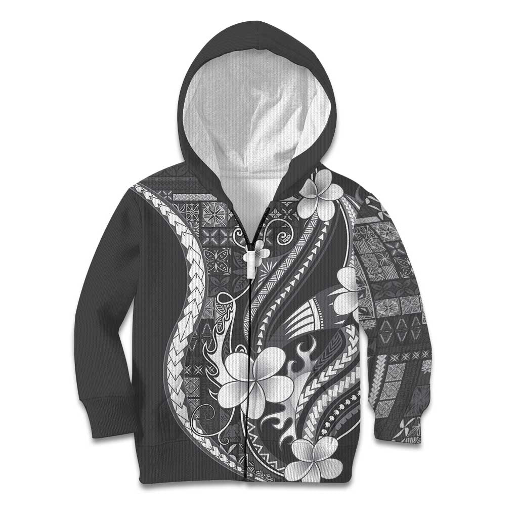 Samoa Siapo Tribal Pattern Kid Hoodie Light Gray Polynesian Plumeria Tapa Motif LT9 Zip Hoodie Gray - Polynesian Pride