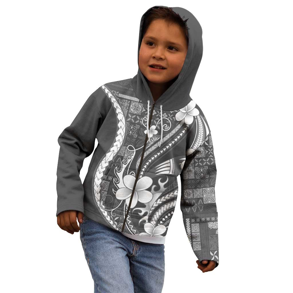 Samoa Siapo Tribal Pattern Kid Hoodie Light Gray Polynesian Plumeria Tapa Motif LT9 - Polynesian Pride