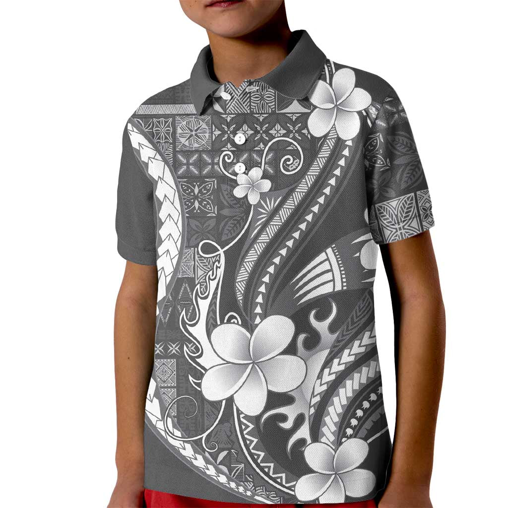 Samoa Siapo Tribal Pattern Kid Polo Shirt Light Gray Polynesian Plumeria Tapa Motif