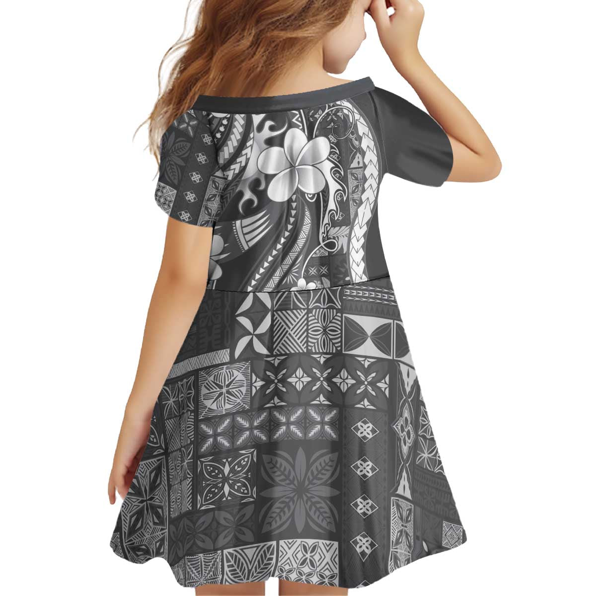 Samoa Siapo Tribal Pattern Kid Short Sleeve Dress Light Gray Polynesian Plumeria Tapa Motif